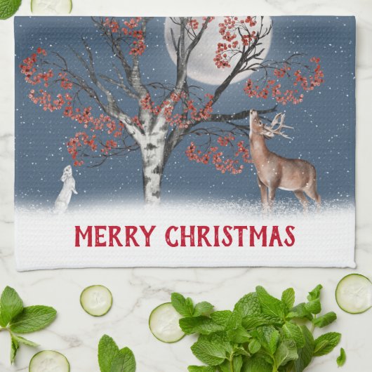 Wildlife en moon van de kerstwinter theedoek (Gevouwen)