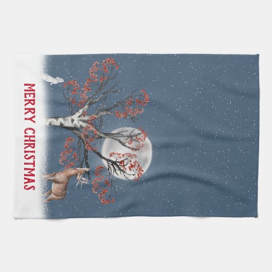 Wildlife en moon van de kerstwinter theedoek (Horizontaal)