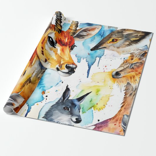 Wildlife Harmony Waterverf Collage Cadeaupapier (Uitgerold)
