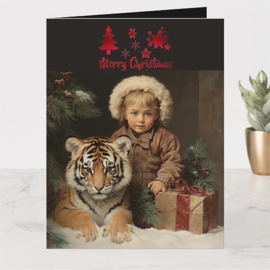 Wildlife Kind Tijger Kerst  Vakantie Kaart (Kleine Plant)