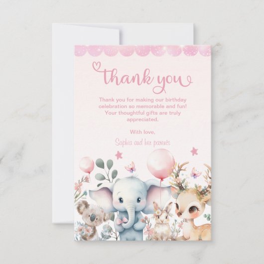 Wildlife Leuke Dieren Roze Verjaardagsfeest Bedankkaart (Voorkant)
