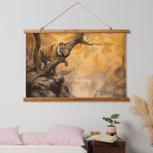 Wildlife Oker olieverfschilderij - Tijger Wachten Hangend Wandkleed (Slaapkamer)