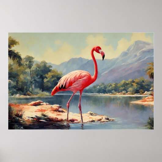 Wildlife Pink Flamingo River Mountain  Poster (Voorkant)