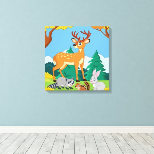 Wildlife Raccoon Chipmunk Rabbit Deer Herfst Lands Canvas Afdruk (Insitu (Houten vloer))