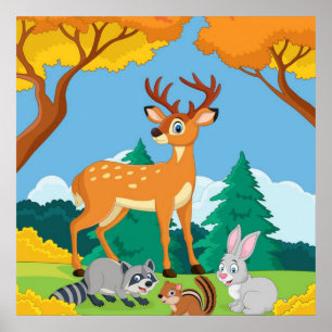 Wildlife Raccoon Chipmunk Rabbit Deer Herfst Lands Poster