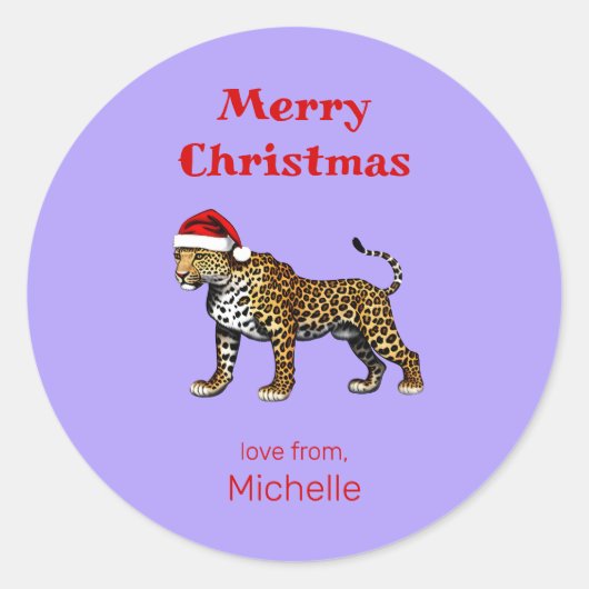 Wildlife Safari Dier Luipaard Santa Hoed Kerstmis Ronde Sticker (Voorkant)