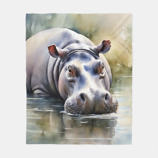 Wildlife Serenity Waterverf Hippo Fleece Deken (Voorkant)