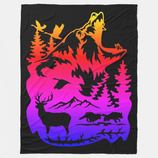 Wildlife Silhouet met levendige gradiënt Fleece Deken (Voorkant)