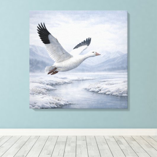 Wildlife Snow Goose Flying Winter Canvas Afdruk (Insitu (Houten vloer))