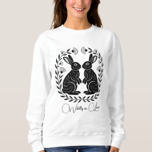 Wildly in Love | Linocut Rabbits Romantic Trui (Voorkant)