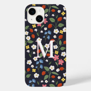 Wildstrawberry patterned Monogrammed Navy Case-Mate iPhone 14 Hoesje