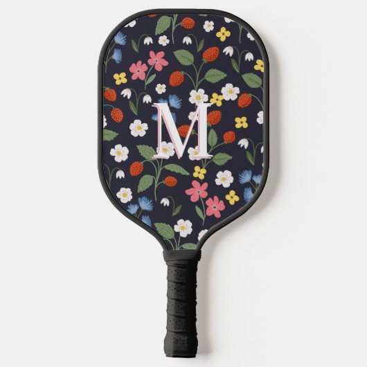 Wildstrawberry patterned Monogrammed Navy Pickleball Paddle (Achterkant)