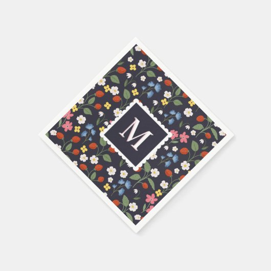 Wildstrawberry patterned Monogrammed Navy Servet (Hoek)