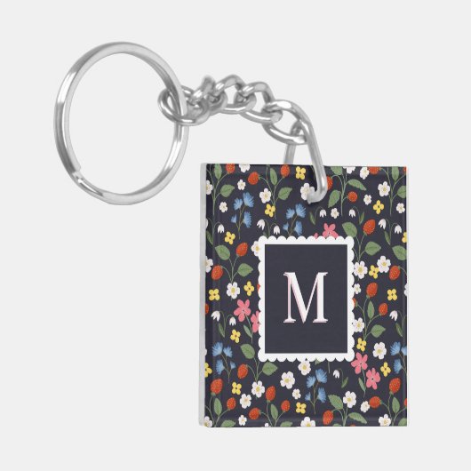 Wildstrawberry patterned Monogrammed Navy Sleutelhanger (Voorkant Links)