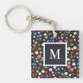 Wildstrawberry patterned Monogrammed Navy Sleutelhanger