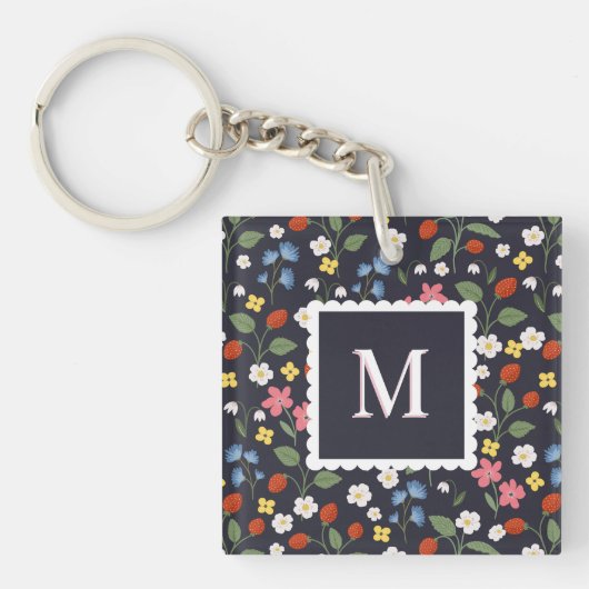 Wildstrawberry patterned Monogrammed Navy Sleutelhanger (Voorkant)
