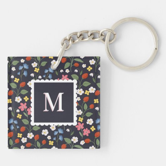 Wildstrawberry patterned Monogrammed Navy Sleutelhanger (Achterkant)