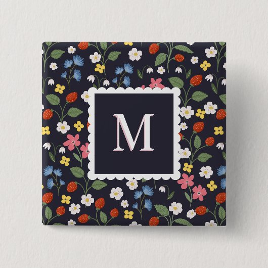 Wildstrawberry patterned Monogrammed Navy Vierkante Button 5,1 Cm (Voorkant)