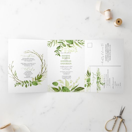 Wildwood Botanische Greenery Rustic Wedding | Drieluik Uitnodiging (Binnen)
