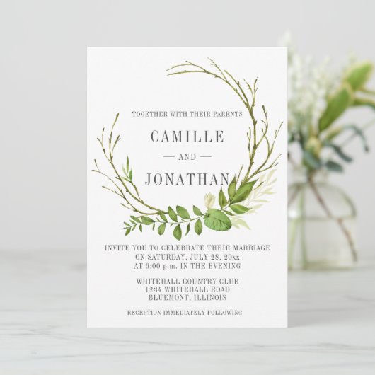 Wildwoods rustieke krans bruiloft uitnodiging (Staand voorkant)