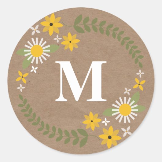 Wilflower Monogram Bruin Papier Geïnspireerde Stic Ronde Sticker (Voorkant)