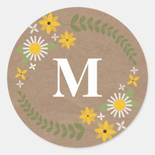Wilflower Monogram Bruin Papier Geïnspireerde Stic Ronde Sticker