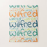 Wilfred Legpuzzel<br><div class="desc">Wilfred. Show en draag deze populaire, mooie mannelijke voornaam die is ontworpen als kleurrijke tekstwolk gemaakt van horizontale en verticale krommende typografie van handletters in verschillende maten en schattige verse kleuren. Draag je positieve amerikaanse naam of show de wereld waar je van houdt of waar je van houdt. Merk met...</div>