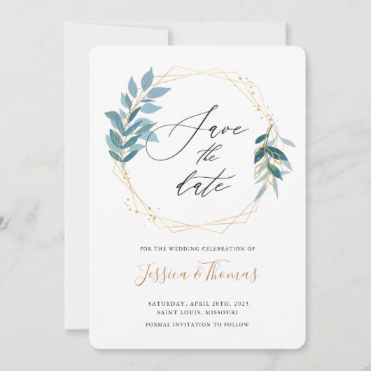 Wilg bladeren en gouden lijst slaan de datumkaart  save the date (Voorkant)