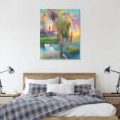 Wilg en wisteria door de vijver bij zonsondergang canvas afdruk (Insitu (Slaapkamer))