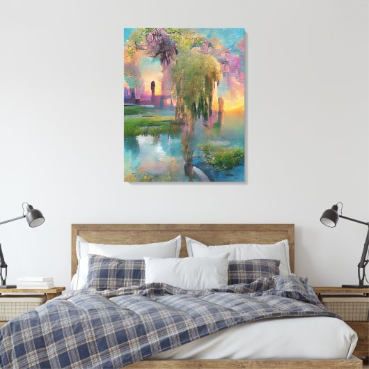 Wilg en wisteria door de vijver bij zonsondergang canvas afdruk (Insitu (Slaapkamer))