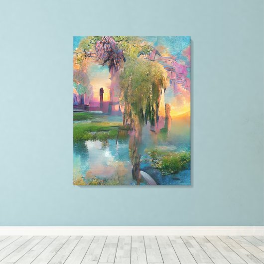Wilg en wisteria door de vijver bij zonsondergang canvas afdruk (Insitu (Houten vloer))