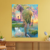 Wilg en wisteria door de vijver bij zonsondergang canvas afdruk (Insitu (Woonkamer))