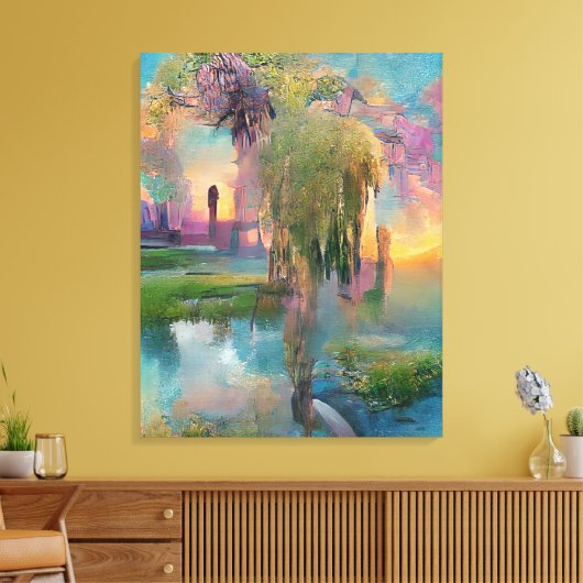 Wilg en wisteria door de vijver bij zonsondergang canvas afdruk (Insitu (Woonkamer))