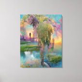 Wilg en wisteria door de vijver bij zonsondergang canvas afdruk (Voorkant)