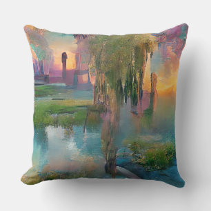 Wilg en wisteria door de vijver bij zonsondergang kussen
