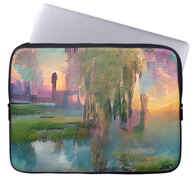 Wilg en wisteria door de vijver bij zonsondergang laptop sleeve (Voorkant)