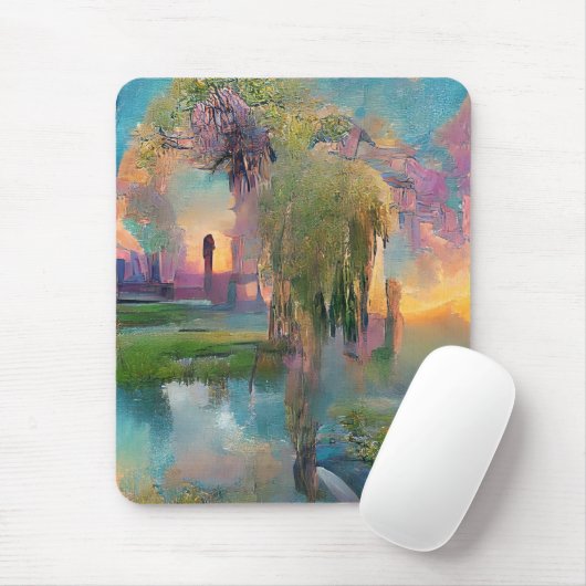 Wilg en wisteria door de vijver bij zonsondergang muismat (Met muis)