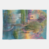 Wilg en wisteria door de vijver bij zonsondergang theedoek (Horizontaal)