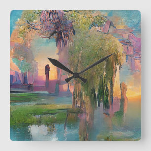 Wilg en wisteria door de vijver bij zonsondergang vierkante klok
