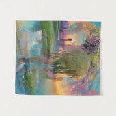 Wilg en wisteria door de vijver bij zonsondergang wandkleed (Voorkant (horizontaal))