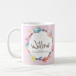 Wilg naam betekenis veer kraal waterverf roze koffiemok