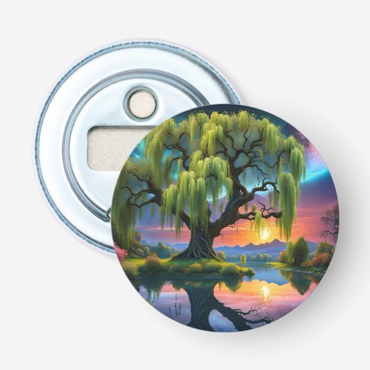 Wilgboom onder een Volle Maan N Sterrenhemel Zonso Button Flesopener (Voorkant)