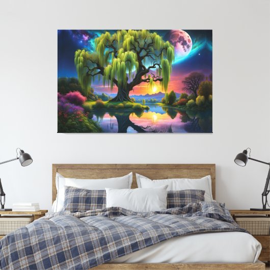 Wilgboom onder een Volle Maan N Sterrenhemel Zonso Canvas Afdruk (Insitu (Slaapkamer))