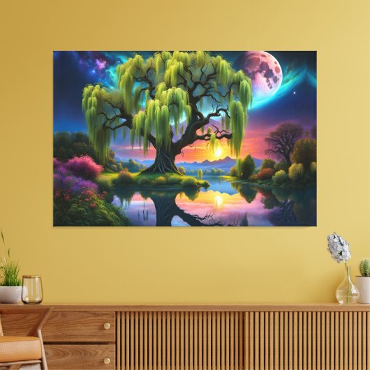 Wilgboom onder een Volle Maan N Sterrenhemel Zonso Canvas Afdruk (Insitu (Woonkamer))