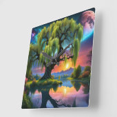 Wilgboom onder een Volle Maan N Sterrenhemel Zonso Vierkante Klok (Hoek)