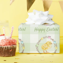 Wilgenkrans En Kuiken Gelukkig Pasen Groen Gingham Cadeaupapier