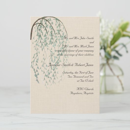 Wilgentak in bruine en Blauwgroen bruiloft uitnodi Kaart (Staand voorkant)