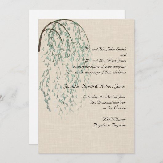 Wilgentak in bruine en Blauwgroen bruiloft uitnodi Kaart (Voorkant / Achterkant)