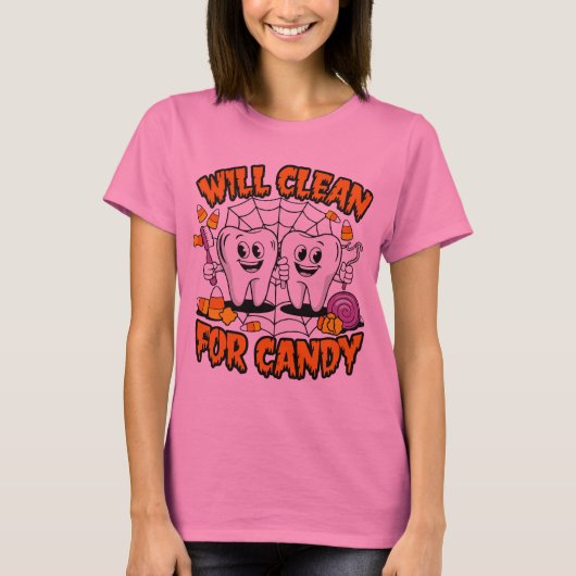 Will Clean voor Snoep - Humorous Cleaning-Thema T-shirt (Voorkant)