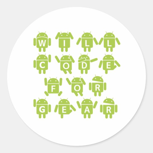 Will Code for Gear (Bugdroid Software Developer) Ronde Sticker (Voorkant)